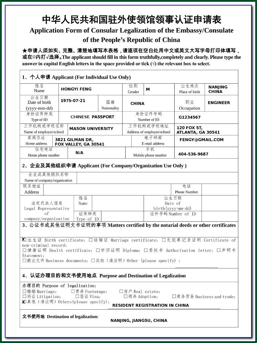 China Visa Application Form Sample Fill Online Printa