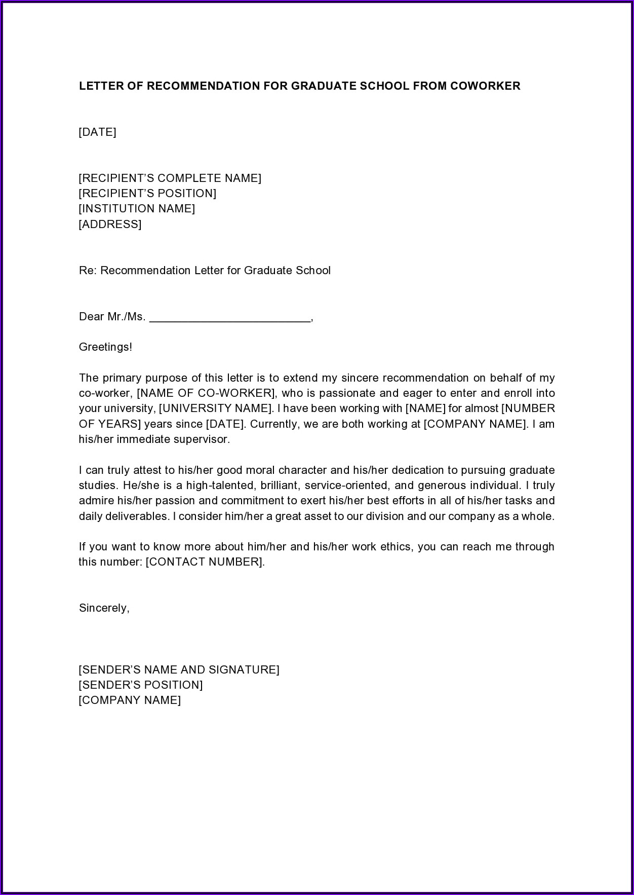 How To Write A Letter Of Recommendation For A Coworker For Graduate School Letter Resume 