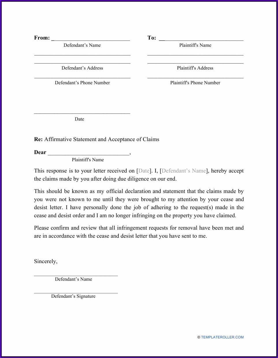 Response To Cease And Desist Letter Template