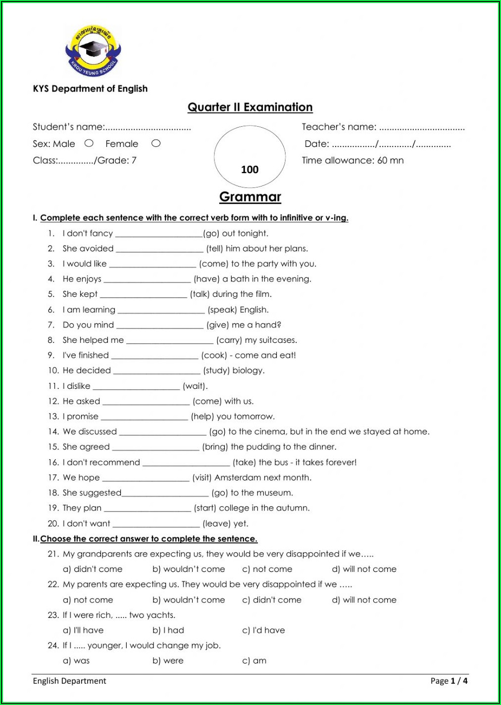 Cbse Grade 7 English Grammar Worksheets With Answers Worksheet 