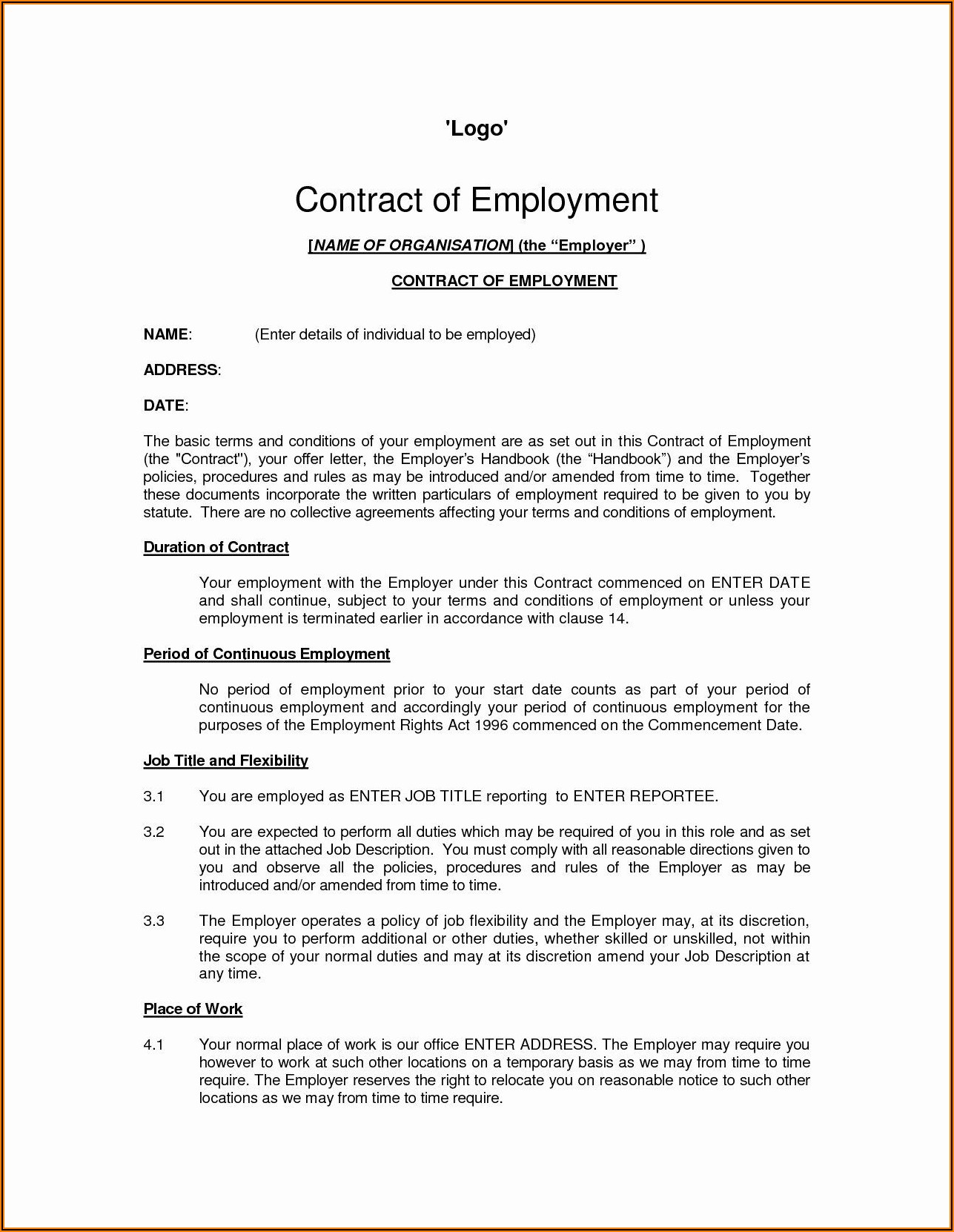 Work Contract Template Microsoft Word Templates Resume Template 