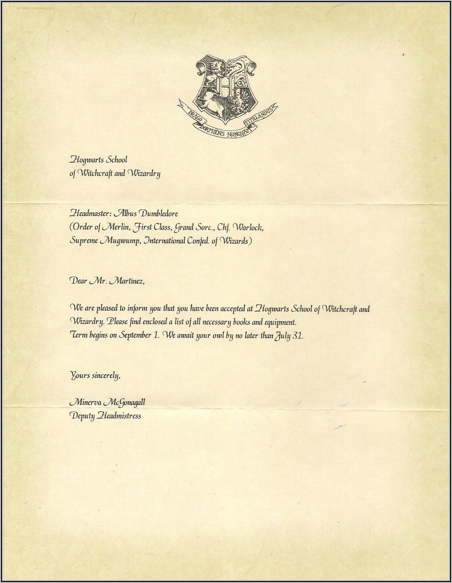 Hogwarts Acceptance Letter Example