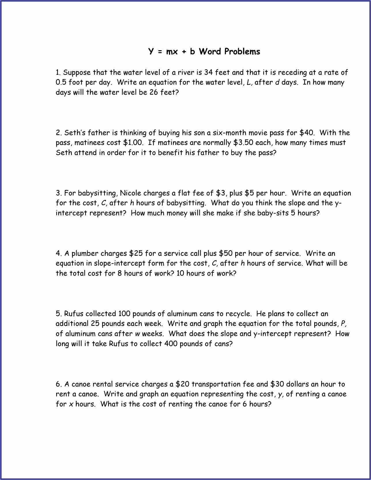 Slope Intercept Form Word Problems Worksheet Answer Key Worksheet 