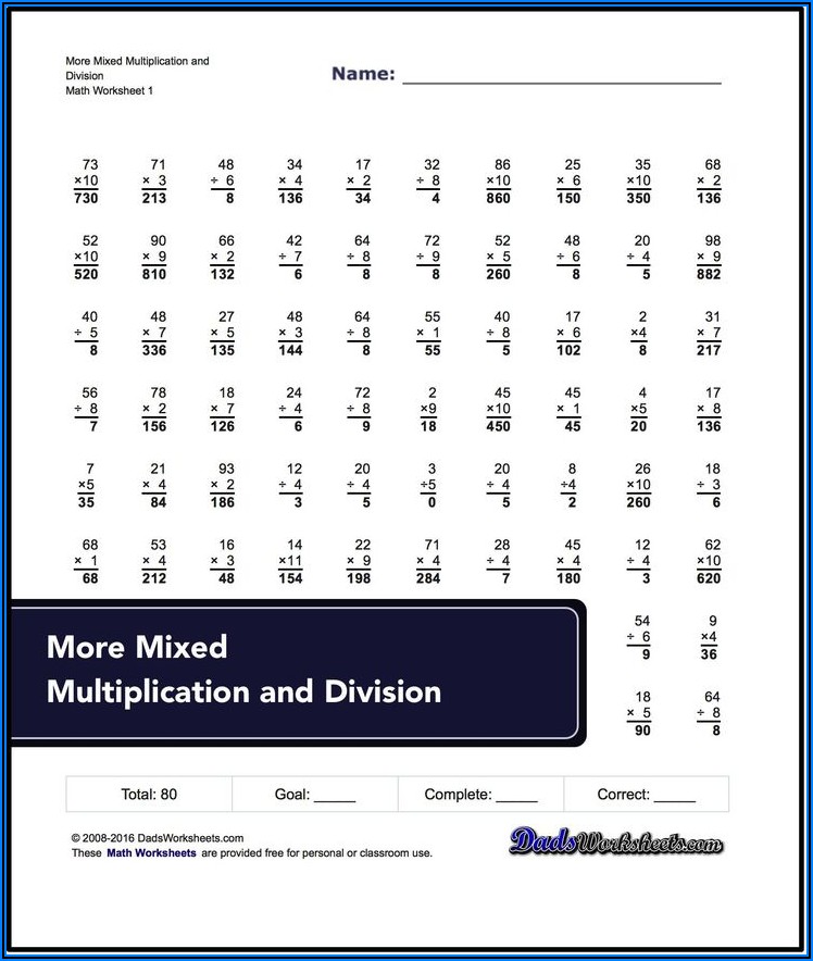 Mixed Worksheets Multiplication And Division